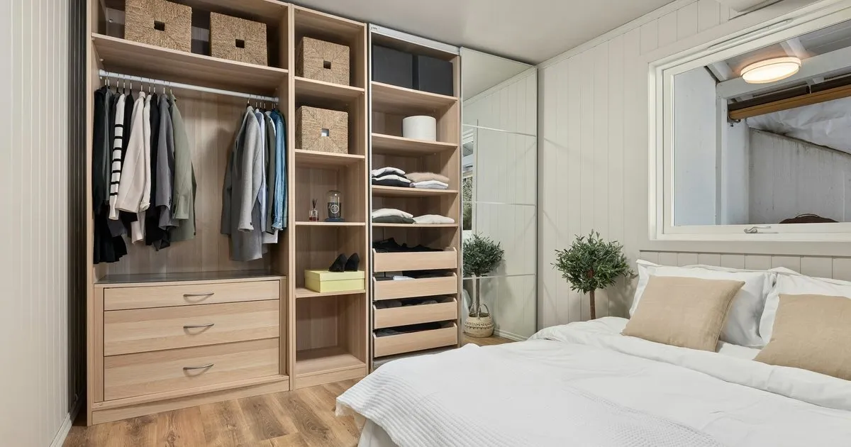Closet abierto en una alcoba con módulos tono madera clara, ropa colgada, cajones y entrepaños junto a la cama