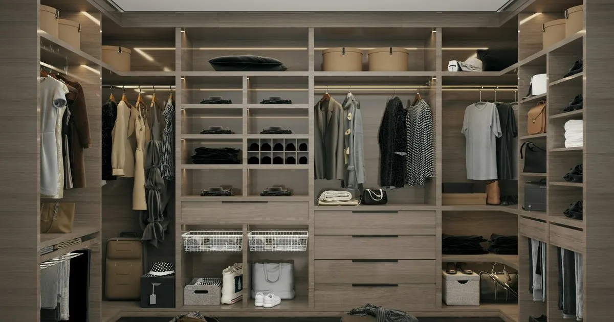 Vestier en U con módulos de melamina tono madera de piso a techo, ropa colgada, cajones, entrepaños y canastas organizadoras