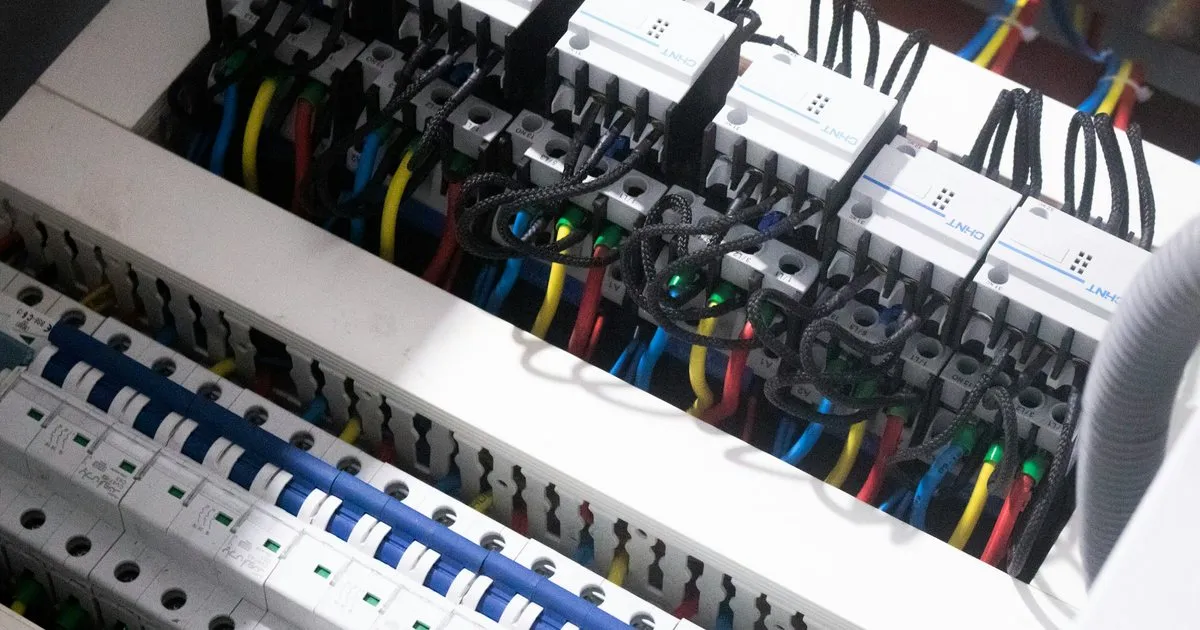 Tablero eléctrico con breakers alineados y cableado de colores ordenado y marcado