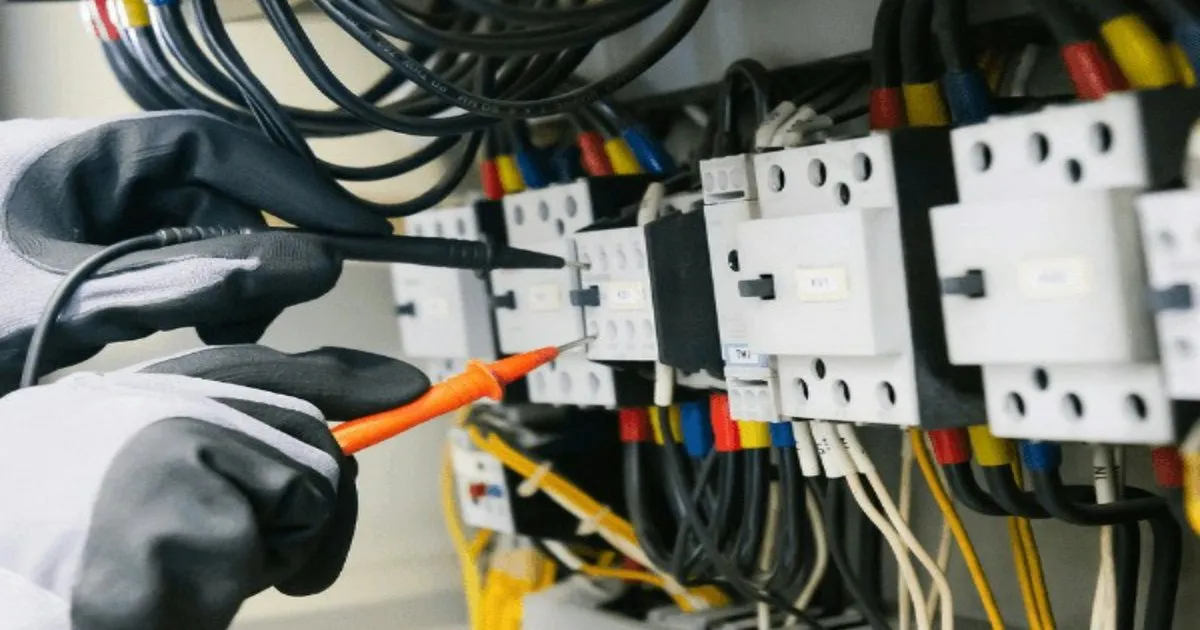Manos con guantes aislantes midiendo con las puntas de un multímetro los contactores de un tablero eléctrico