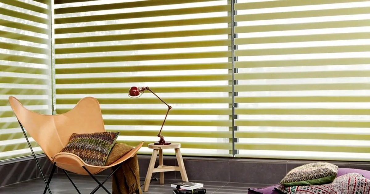 Esquina de sala con cortinas sheer elegance de franjas horizontales en tono verde oliva, silla mariposa en cuero y lámpara roja