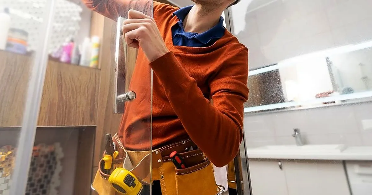 Técnico con cinturón de herramientas ajustando la manija de la puerta de vidrio de una división de baño