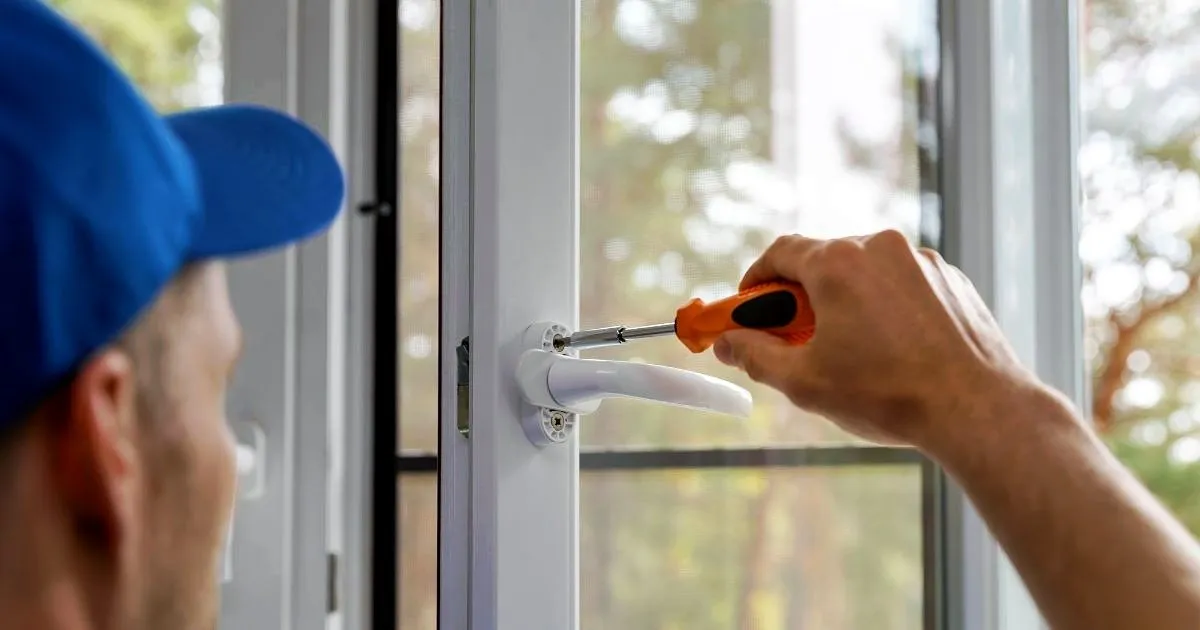 Técnico con gorra azul ajustando con destornillador la manija de una ventana blanca