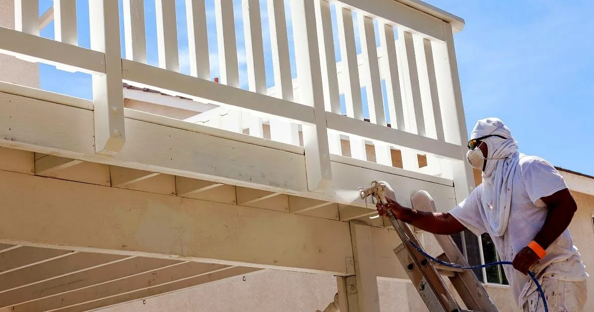 Pintor con traje protector y mascarilla pintando a pistola la estructura de madera de un balcón blanco