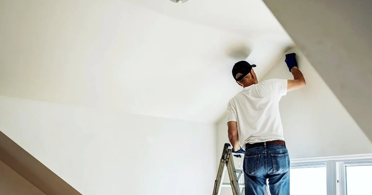 Pintor sobre una escalera retocando la unión entre un muro y un techo inclinado blanco