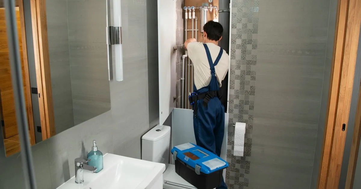 Plomero con overol revisando las conexiones de la columna de agua en un baño enchapado, con su caja de herramientas en el piso