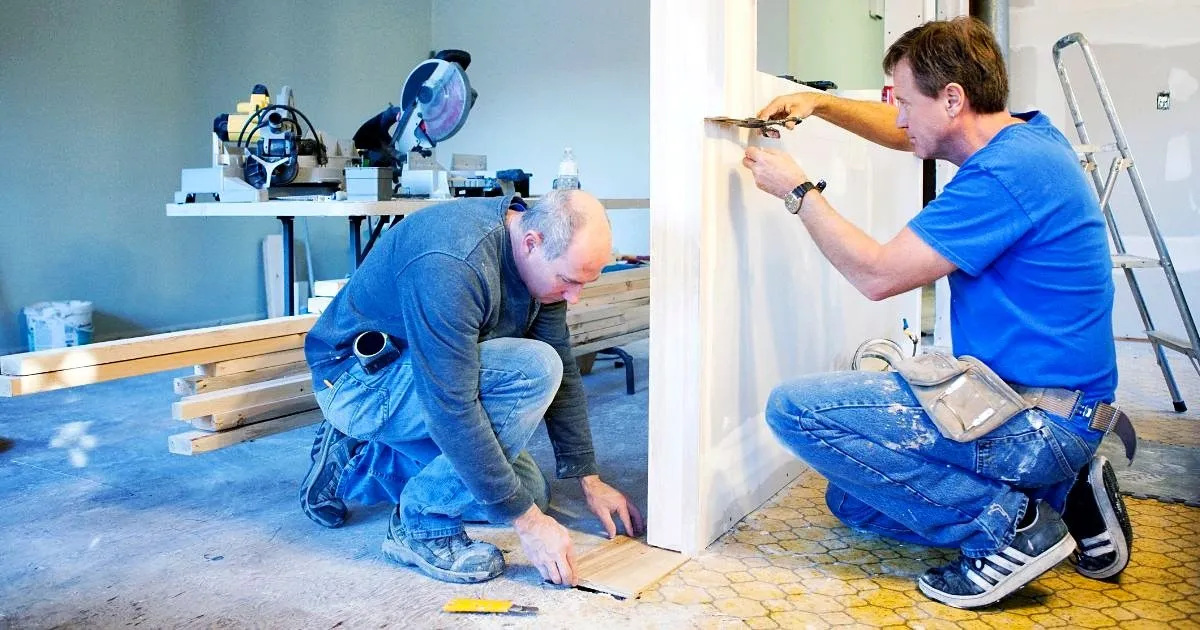 Dos carpinteros en una habitación en obra, uno midiendo el piso y otro ajustando la moldura de una puerta