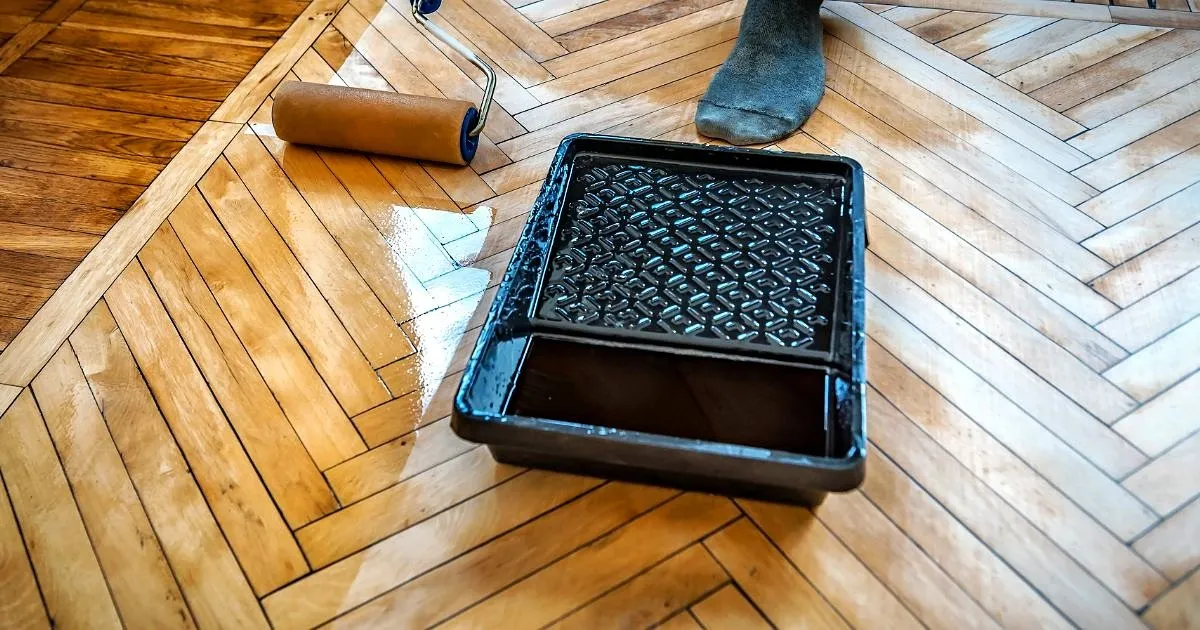Aplicación de laca con rodillo sobre un piso de parquet en espiga recién pulido, junto a una bandeja de pintura negra