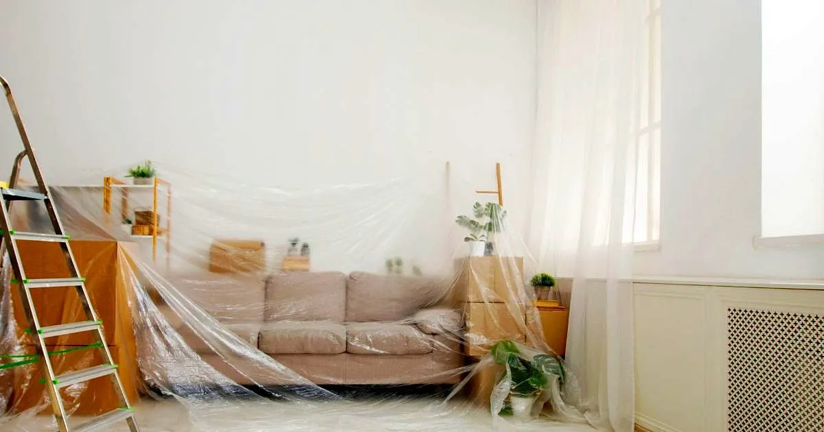 Sala con sofá, cajas y plantas cubiertos con plástico protector y una escalera de aluminio, lista para pintar
